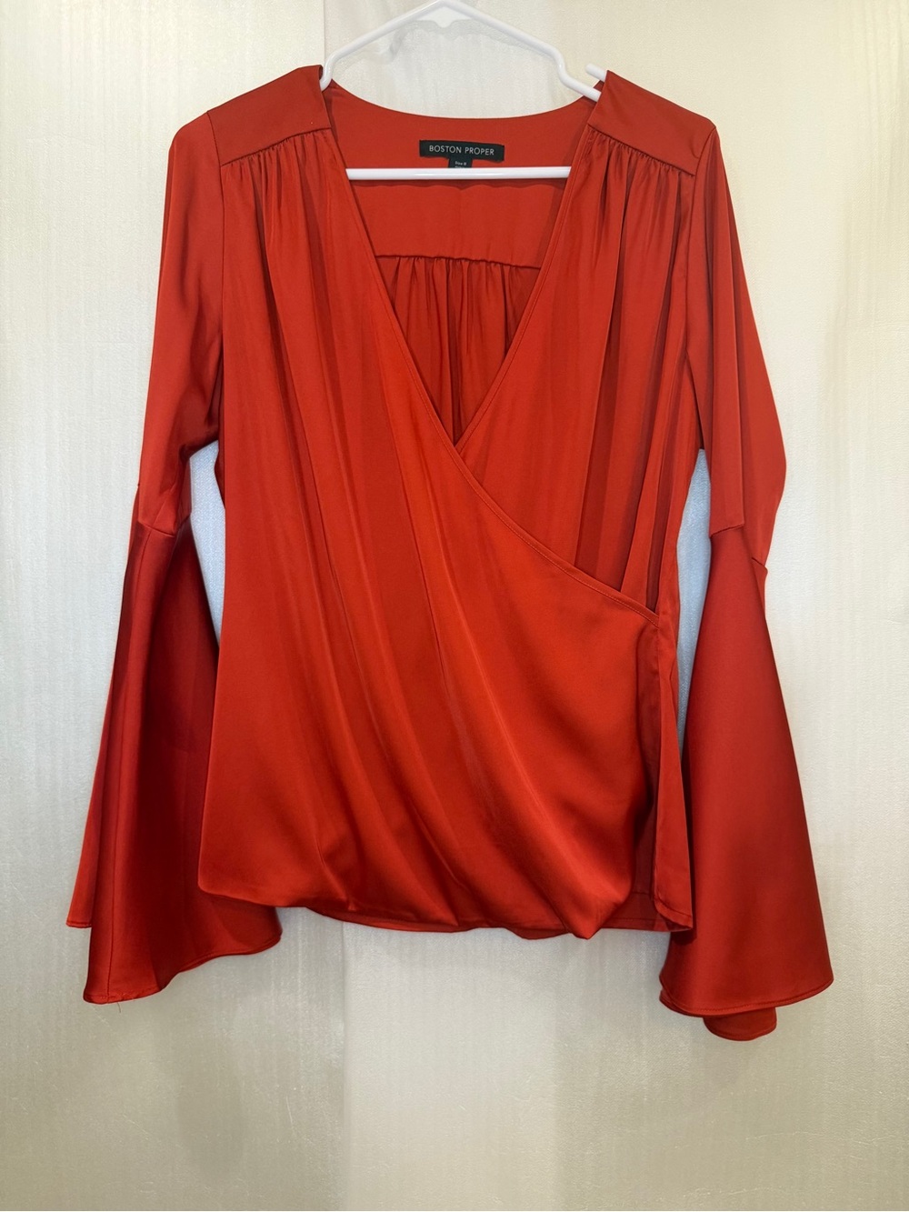 Boston Proper Rust-Red Surplice Satin Blouse with Bell Sleeves Size 8